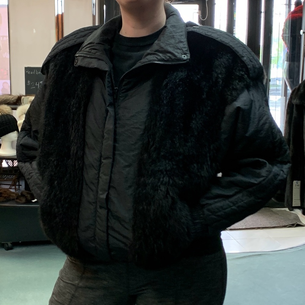 Genuine Australian Opossum Fur Black Nylon Wind Breaker Bomber Jacket